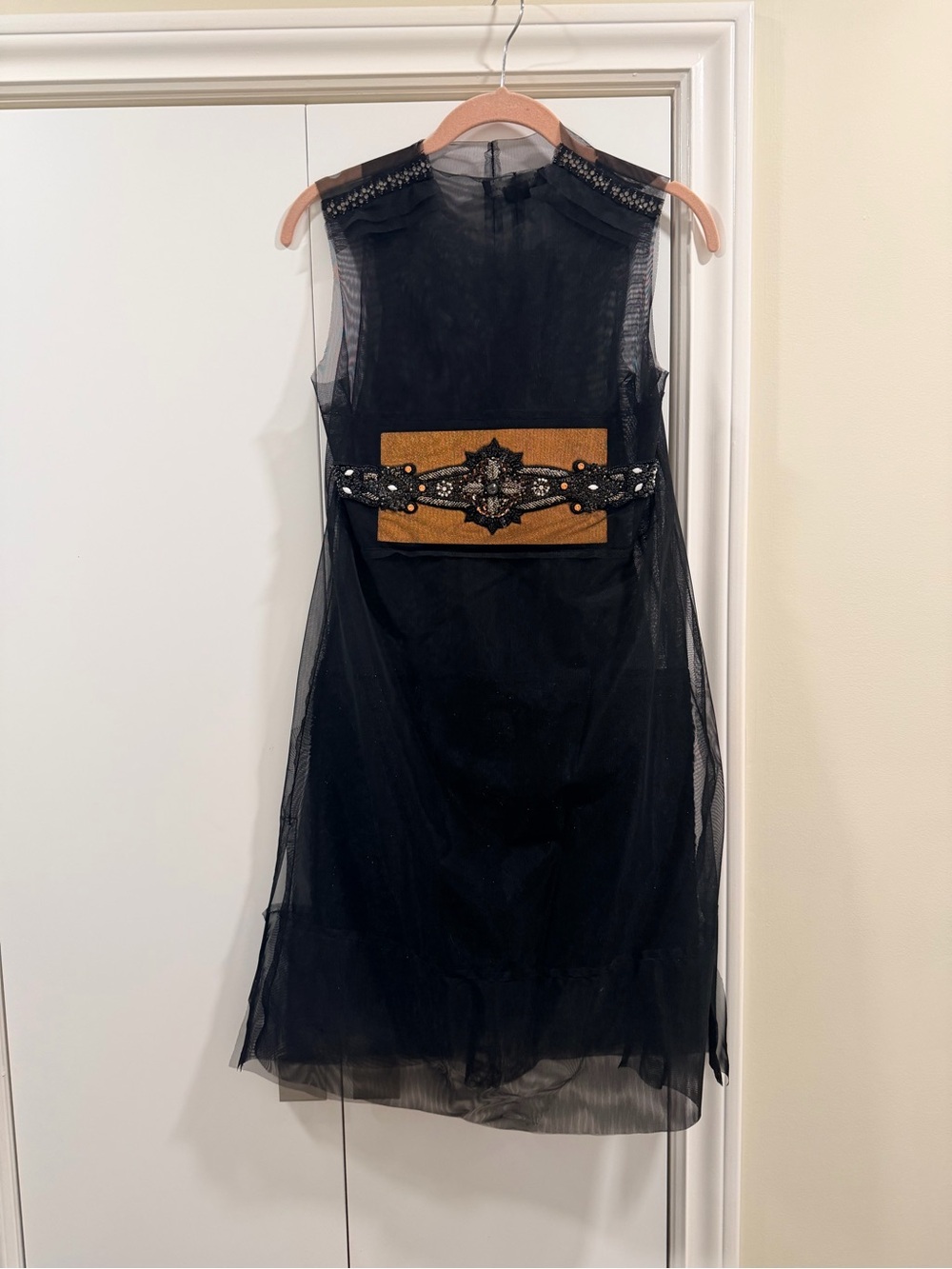 Sleeveless Black Midi Dress with Gold Embellished Waist Panel